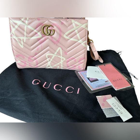 GUCCI Ghost Marmont GG Matelassé 2-way tote top handle bag pink graffiti chevron - Picture 13 of 14